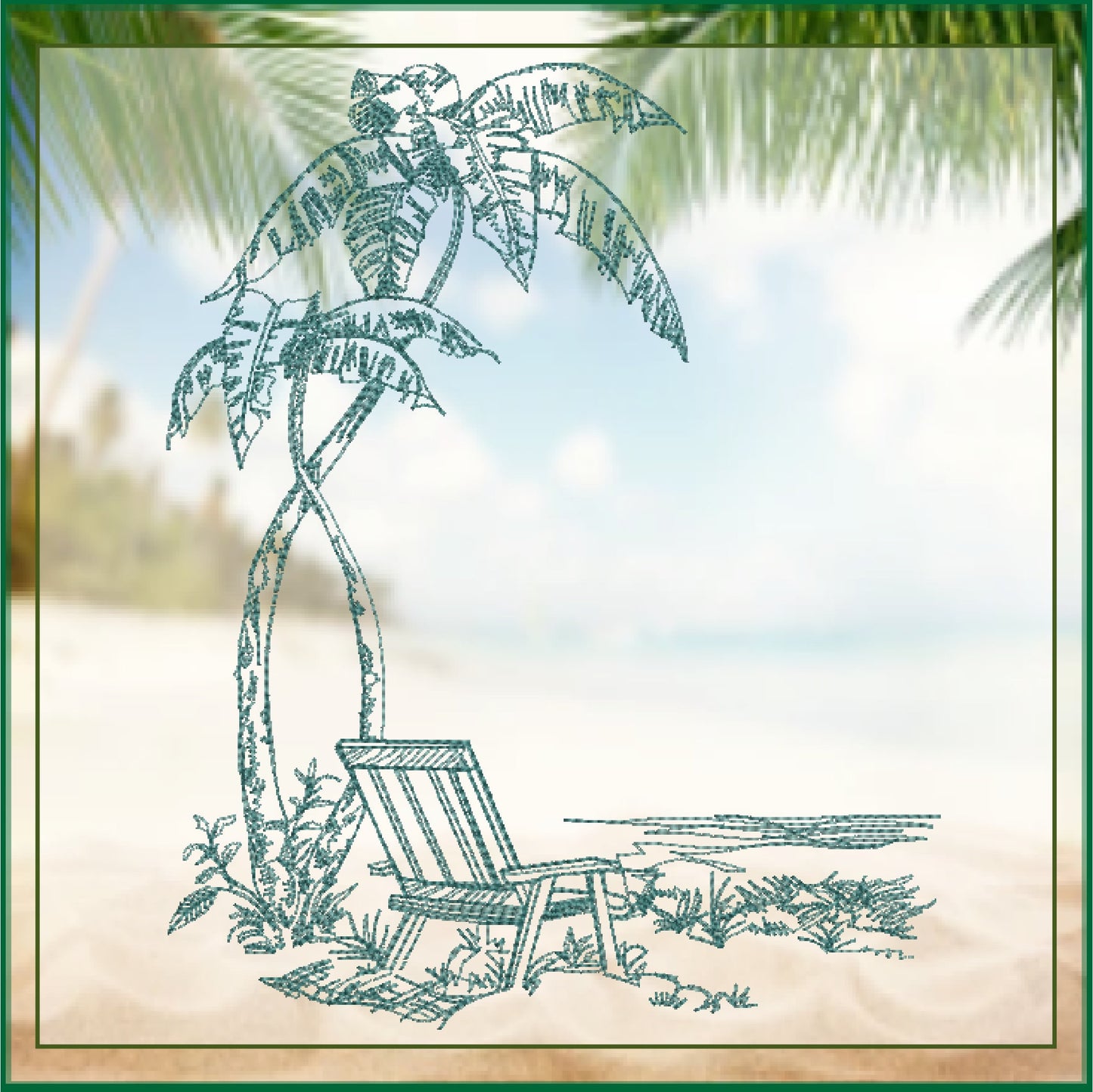 Tropical Beach Scene Machine Embroidery Sketch Design | Summer Embroidery | Beach Chair Pattern | 6 Sizes (0733)