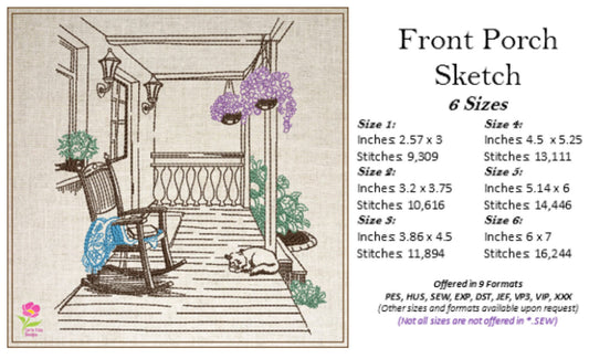 Front Porch Sketch Machine Embroidery Design | Rocking Chair Country Home Design | Garden Embroidery | 6 Sizes (0731)