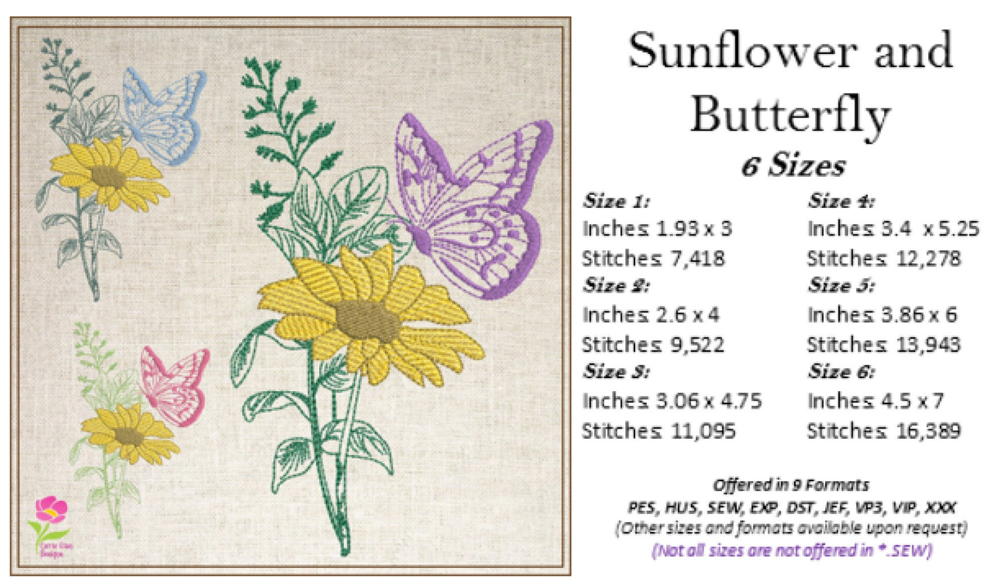 Sunflower and Butterfly Machine Embroidery Design | Artistic Sketch | Home & Garden Line Art | 6 Sizes (0743)