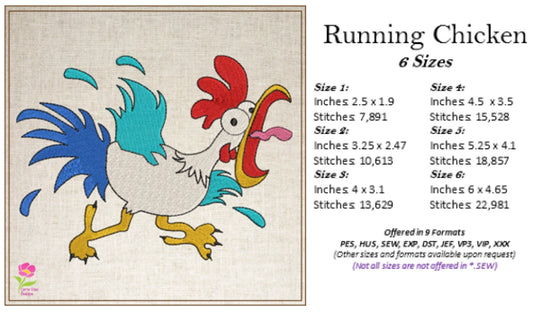 Running Chicken Machine Embroidery Design | Crazy Screaming Bird Cartoon | Funny Rooster Chicken | 6 Sizes (0754)
