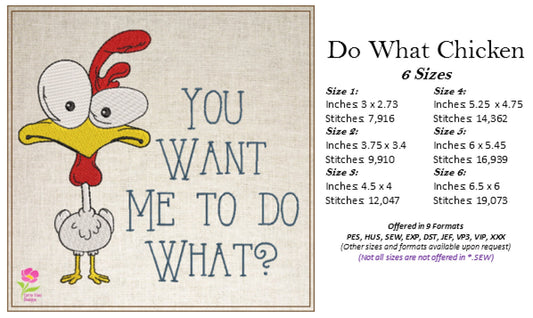 Cartoon Chicken Machine Embroidery Design | Humorous Saying "You Want Me to Do What?" | Funny Chicken Quote Embroidery | 6 Sizes (0788)