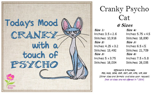 Touch of Psycho Cat Machine Embroidery Design | Cranky Kitty Mood Embroidery Pattern | Funny Cat Sayings and Quotes | 6 Sizes (0806)