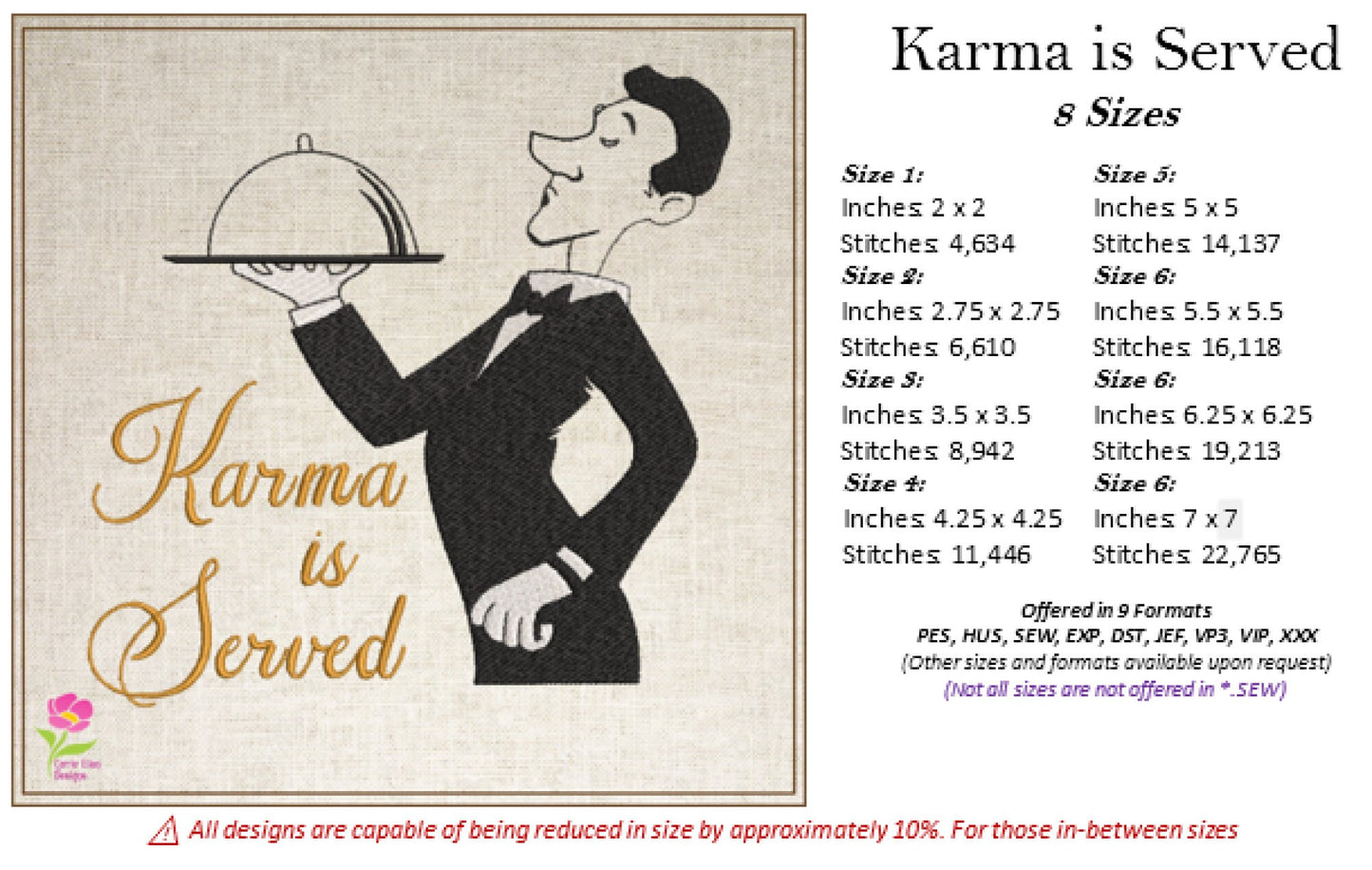 Karma is Served Machine Embroidery Design | Waiter Serving Karma Embroidery | Humorous Saying & Quote | 8 Sizes (0735)