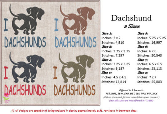 I Love Dachshunds Machine Embroidery Design – Dog Lover Gift, Sausage Dog Embroidery Pattern, 8 Sizes (0488)