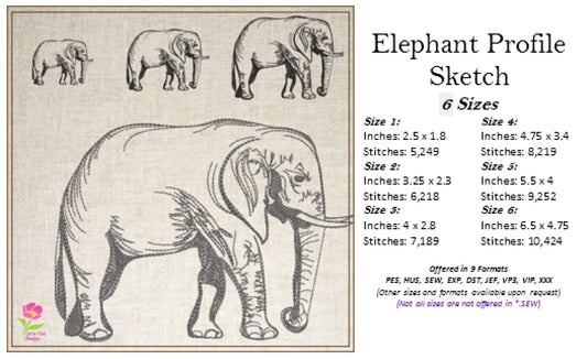 Elephant Sketch Machine Embroidery Design | Grazing Safari Elephant Embroidery Pattern | Large Land Animal Embroidery | 6 Sizes (0804)
