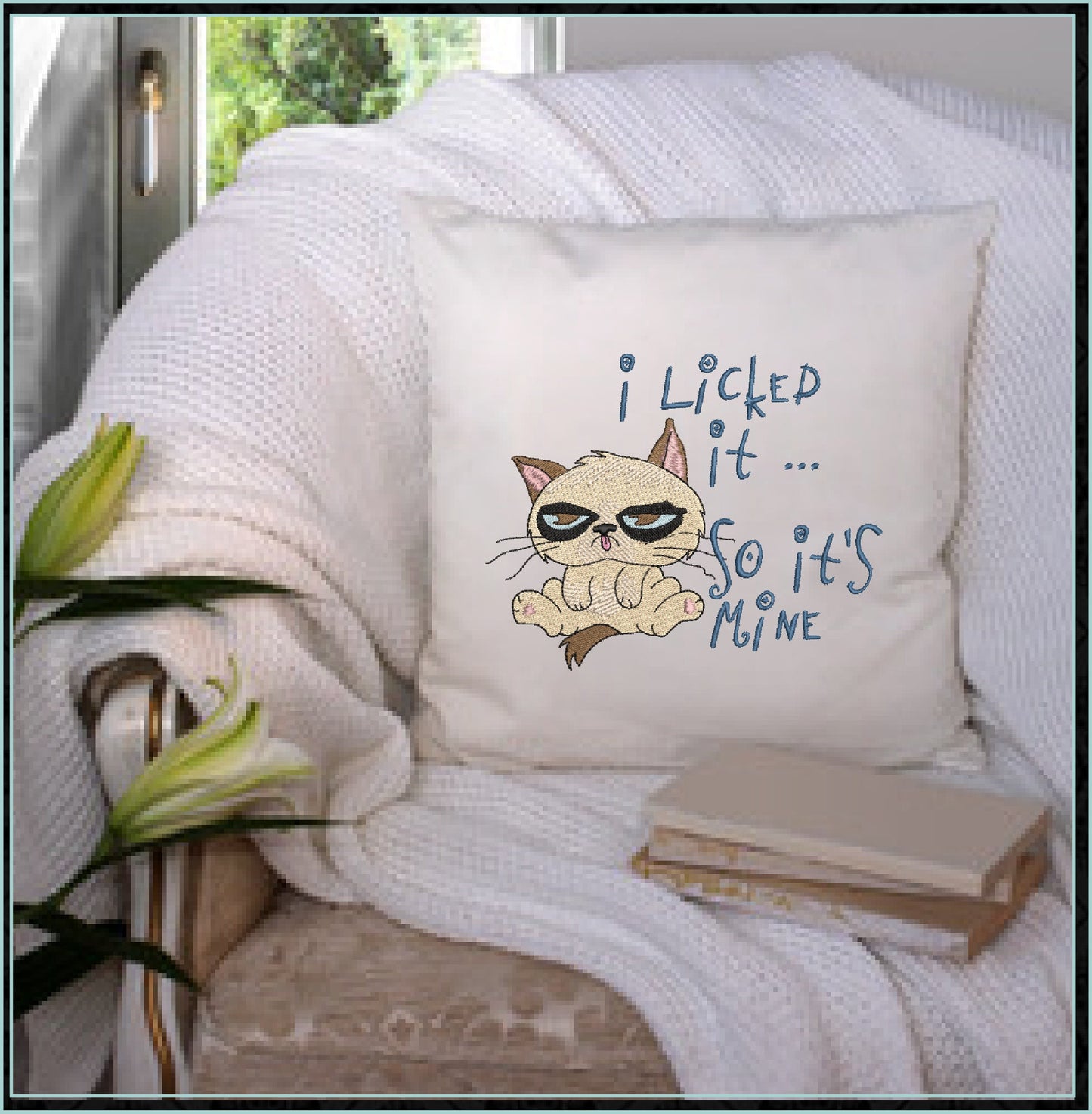 Grumpy Cat Machine Embroidery Design | I Licked It, It's Mine Embroidered Saying | Humorous Sayings & Quotes | 8 Sizes (0845)