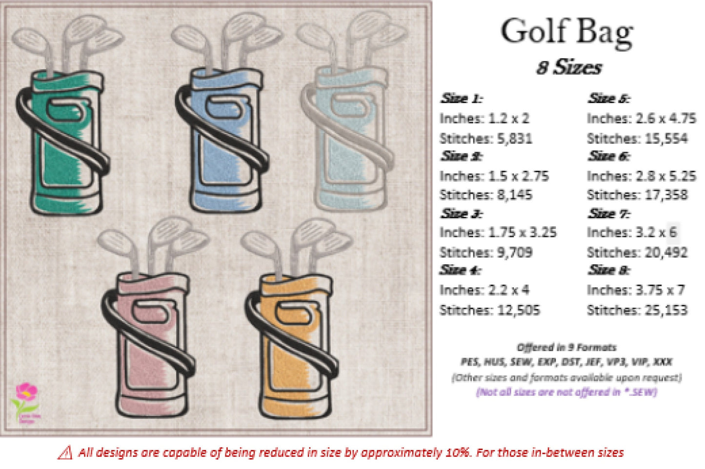 Golf Bag Machine Embroidery Design, Golf Club and Bag Design, Golf Sport Embroidery, Sport Equipment, 8 Sizes (0203)