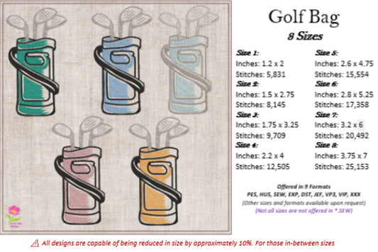Golf Bag Machine Embroidery Design, Golf Club and Bag Design, Golf Sport Embroidery, Sport Equipment, 8 Sizes (0203)