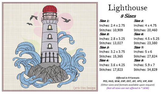 Lighthouse Machine Embroidery Design – Coastal Island & Artistic Waves Seaside Landscape, 8 Sizes (0815)