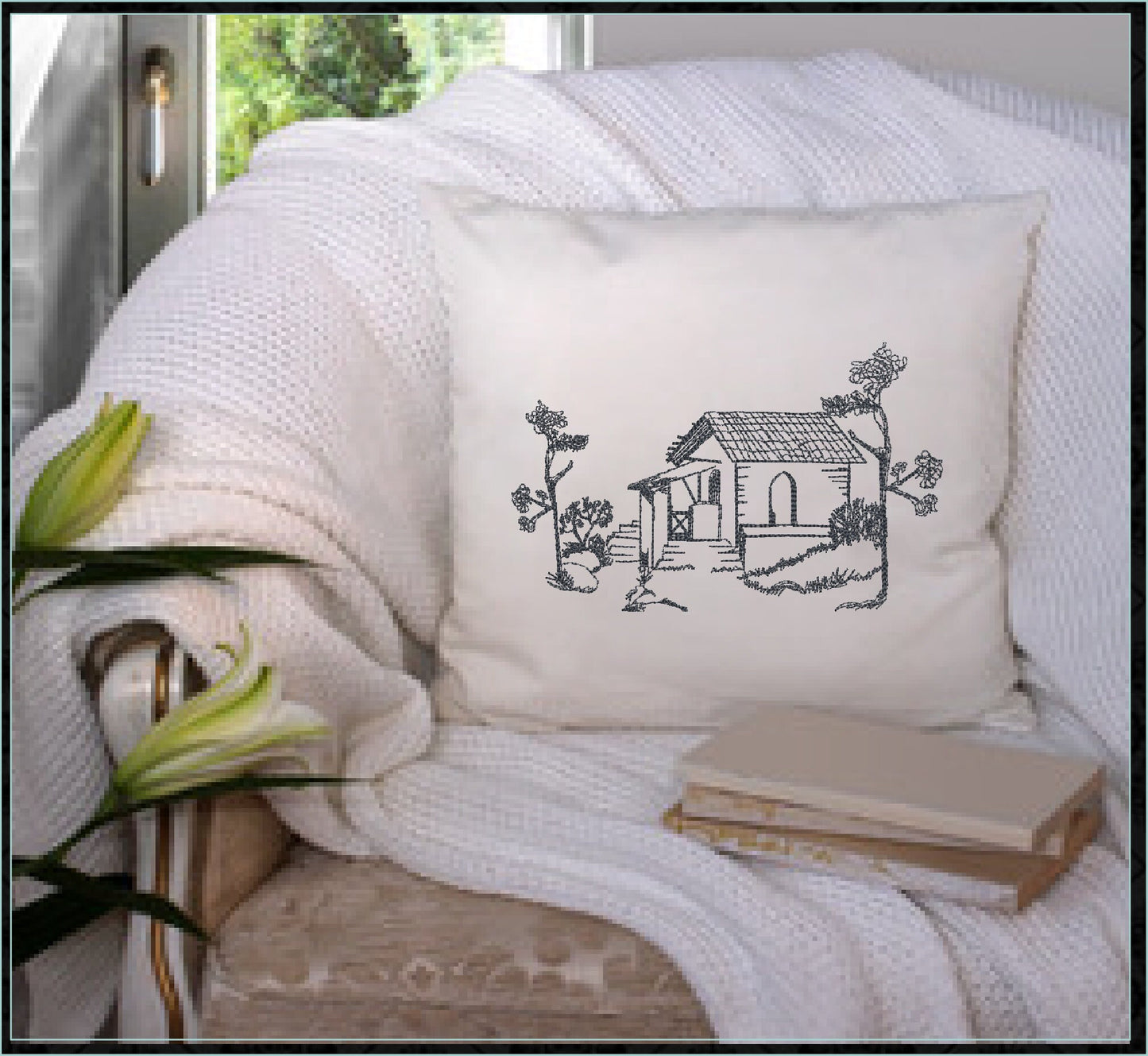 Garden Cottage Sketch Machine Embroidery Design | Artistic Line Art Landscape Design | Cottage Embroidery | 8 Sizes (0920)
