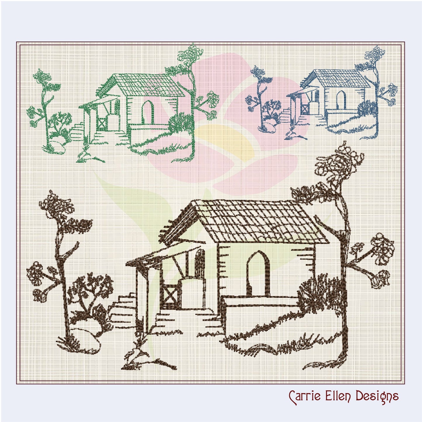 Garden Cottage Sketch Machine Embroidery Design | Artistic Line Art Landscape Design | Cottage Embroidery | 8 Sizes (0920)