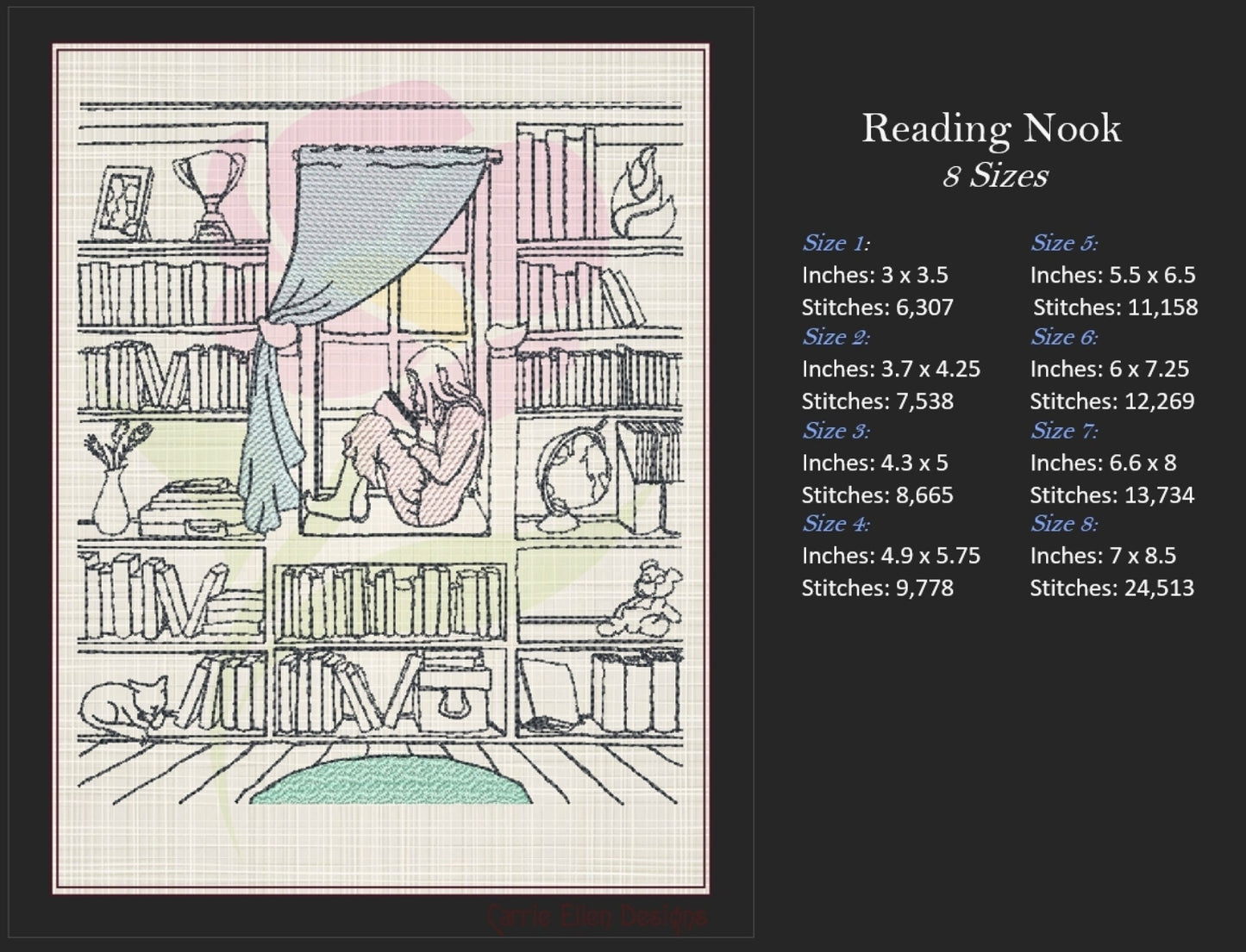 Book Nook Machine Embroidery Design | Girl in Window Reading Embroidery Drawing | Artistic Sketch Design | 8 Sizes (0923)