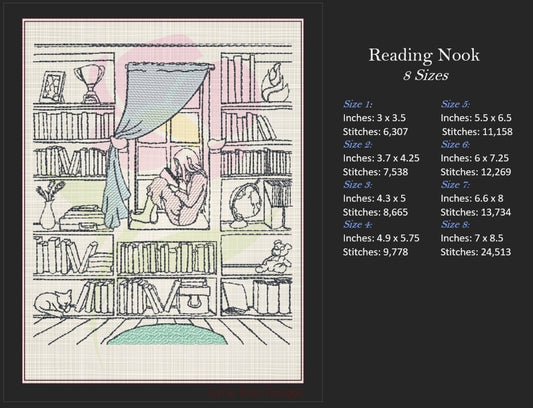 Book Nook Machine Embroidery Design | Girl in Window Reading Embroidery Drawing | Artistic Sketch Design | 8 Sizes (0923)