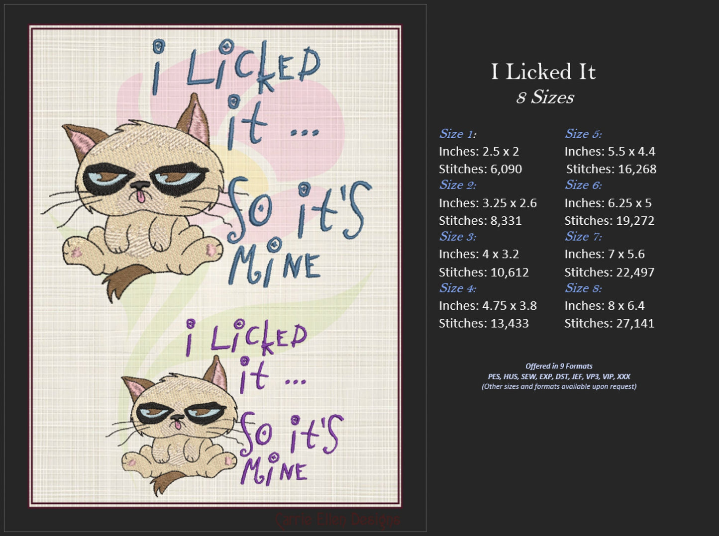 Grumpy Cat Machine Embroidery Design | I Licked It, It's Mine Embroidered Saying | Humorous Sayings & Quotes | 8 Sizes (0845)