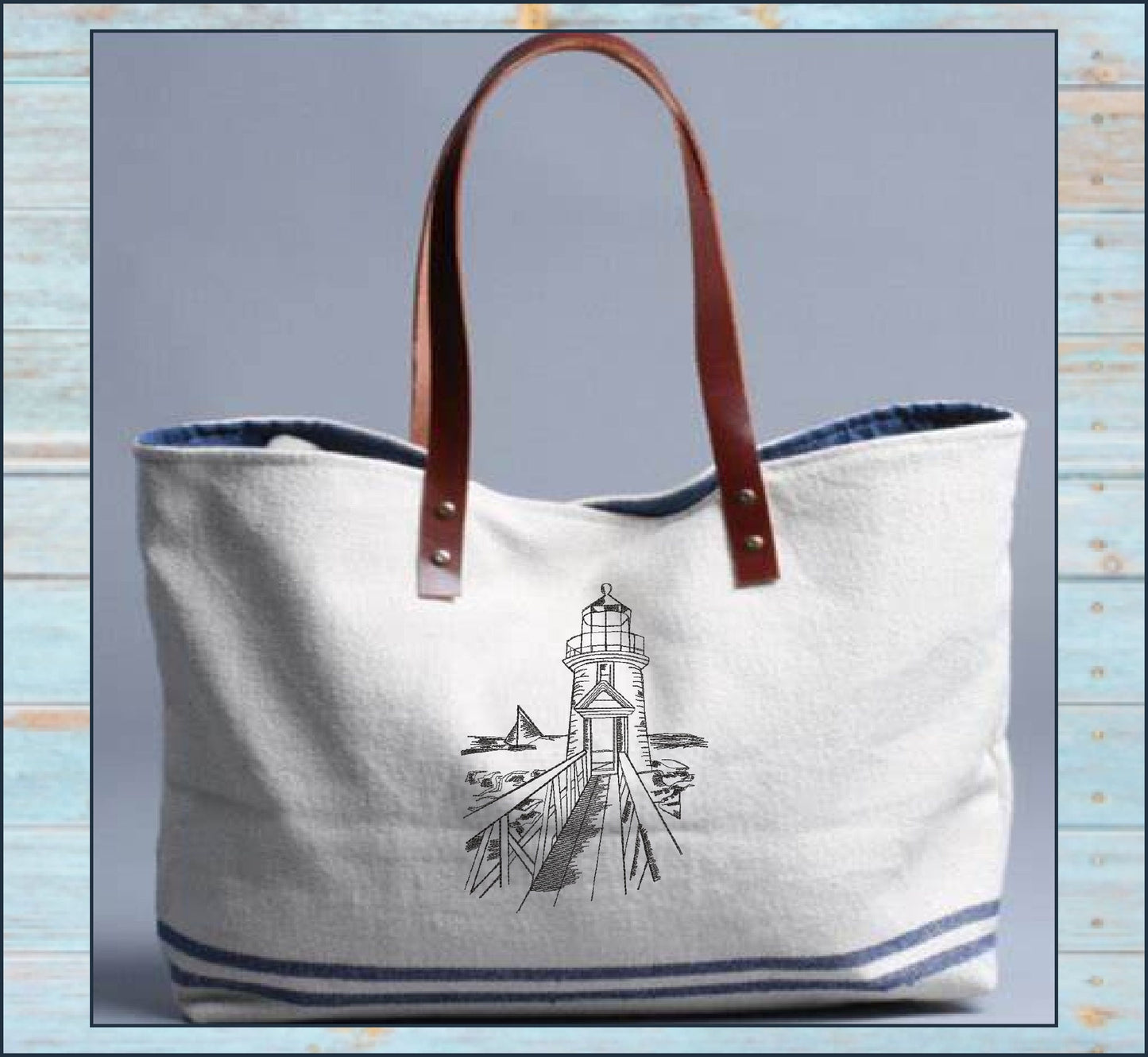 Rocky Pier Lighthouse Sketch Machine Embroidery Design – Coastal Seaside Landscape Pattern, 8 Sizes (0934)