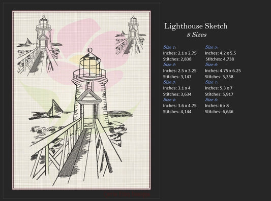 Rocky Pier Lighthouse Sketch Machine Embroidery Design – Coastal Seaside Landscape Pattern, 8 Sizes (0934)
