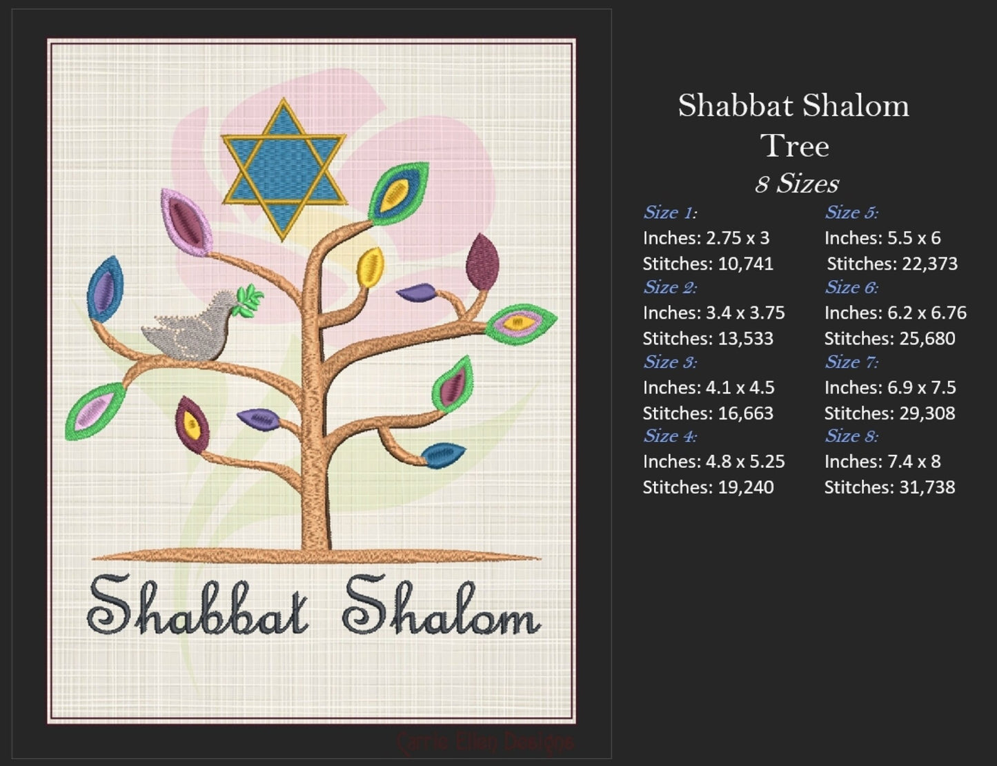 Shabbat Shalom Tree Machine Embroidery Design | Tree of Life with Dove & Star of David | Jewish Holiday Embroidery Design | 8 Sizes (0917)