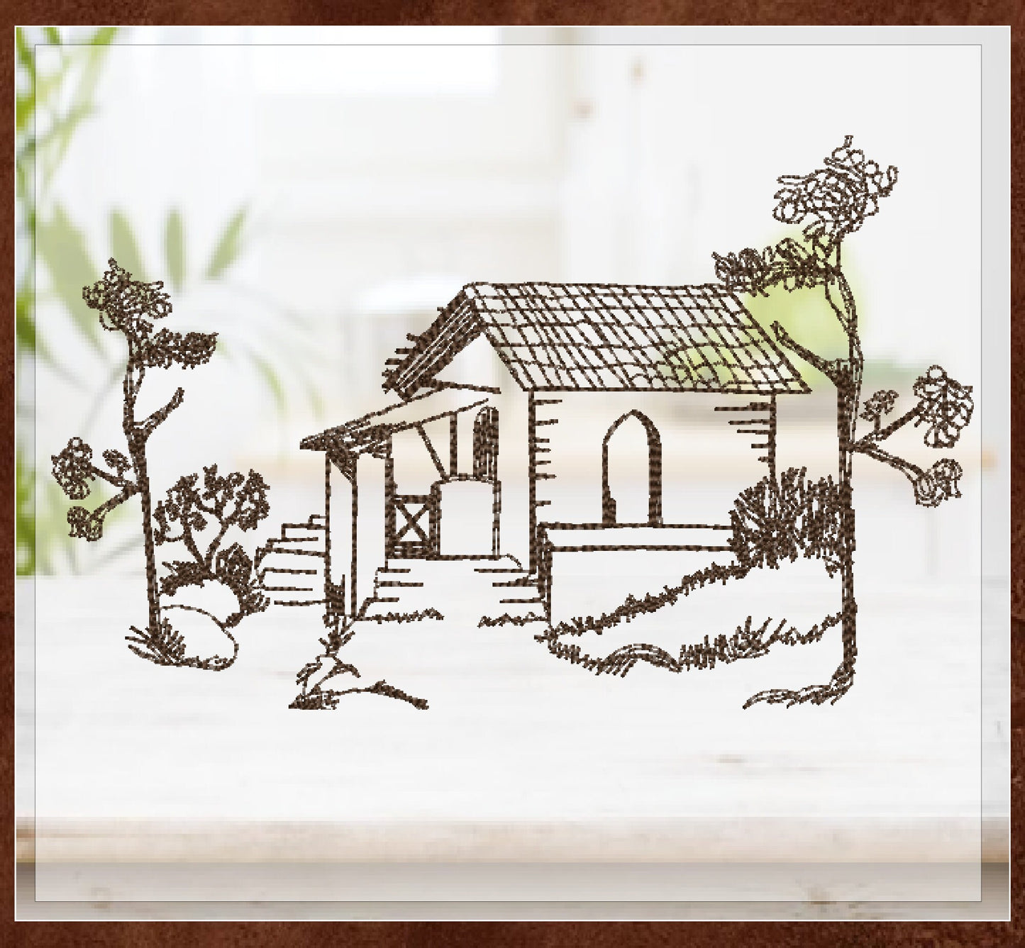 Garden Cottage Sketch Machine Embroidery Design | Artistic Line Art Landscape Design | Cottage Embroidery | 8 Sizes (0920)