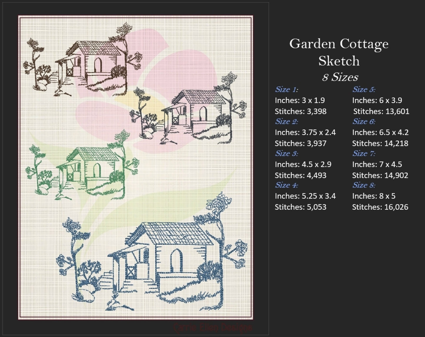 Garden Cottage Sketch Machine Embroidery Design | Artistic Line Art Landscape Design | Cottage Embroidery | 8 Sizes (0920)