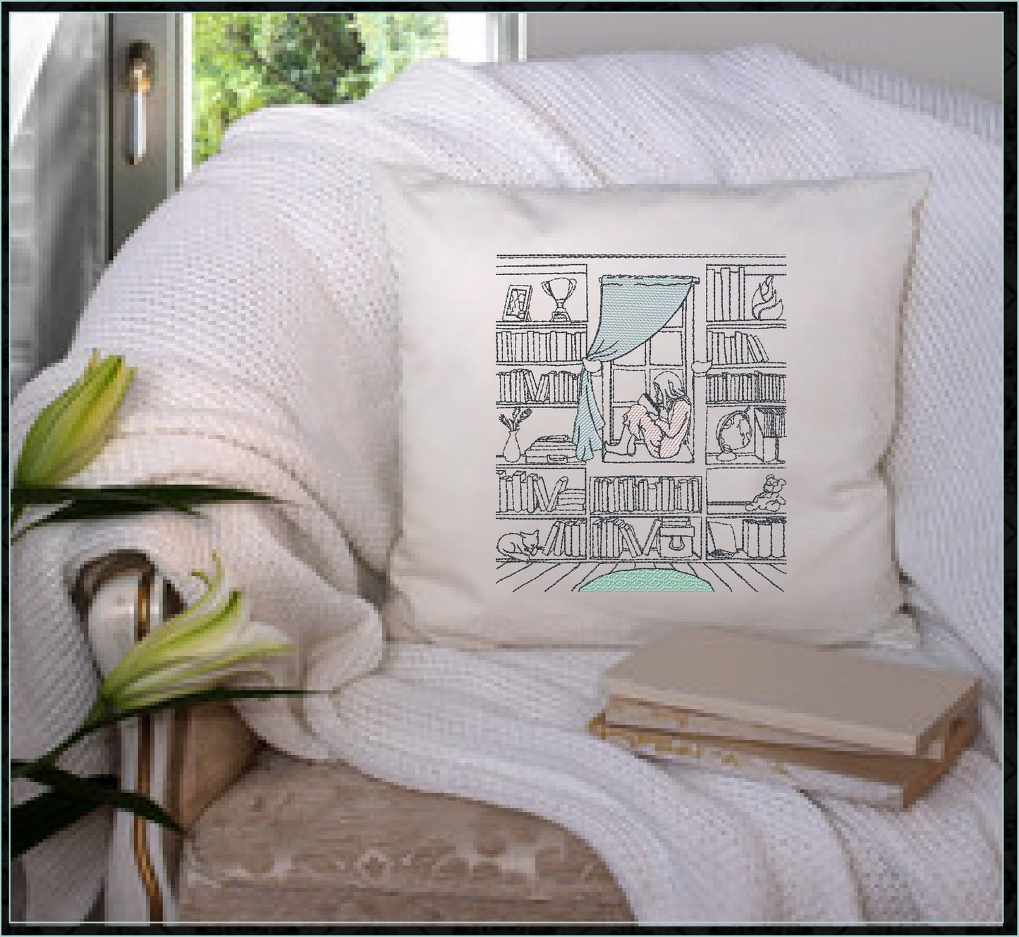 Book Nook Machine Embroidery Design | Girl in Window Reading Embroidery Drawing | Artistic Sketch Design | 8 Sizes (0923)