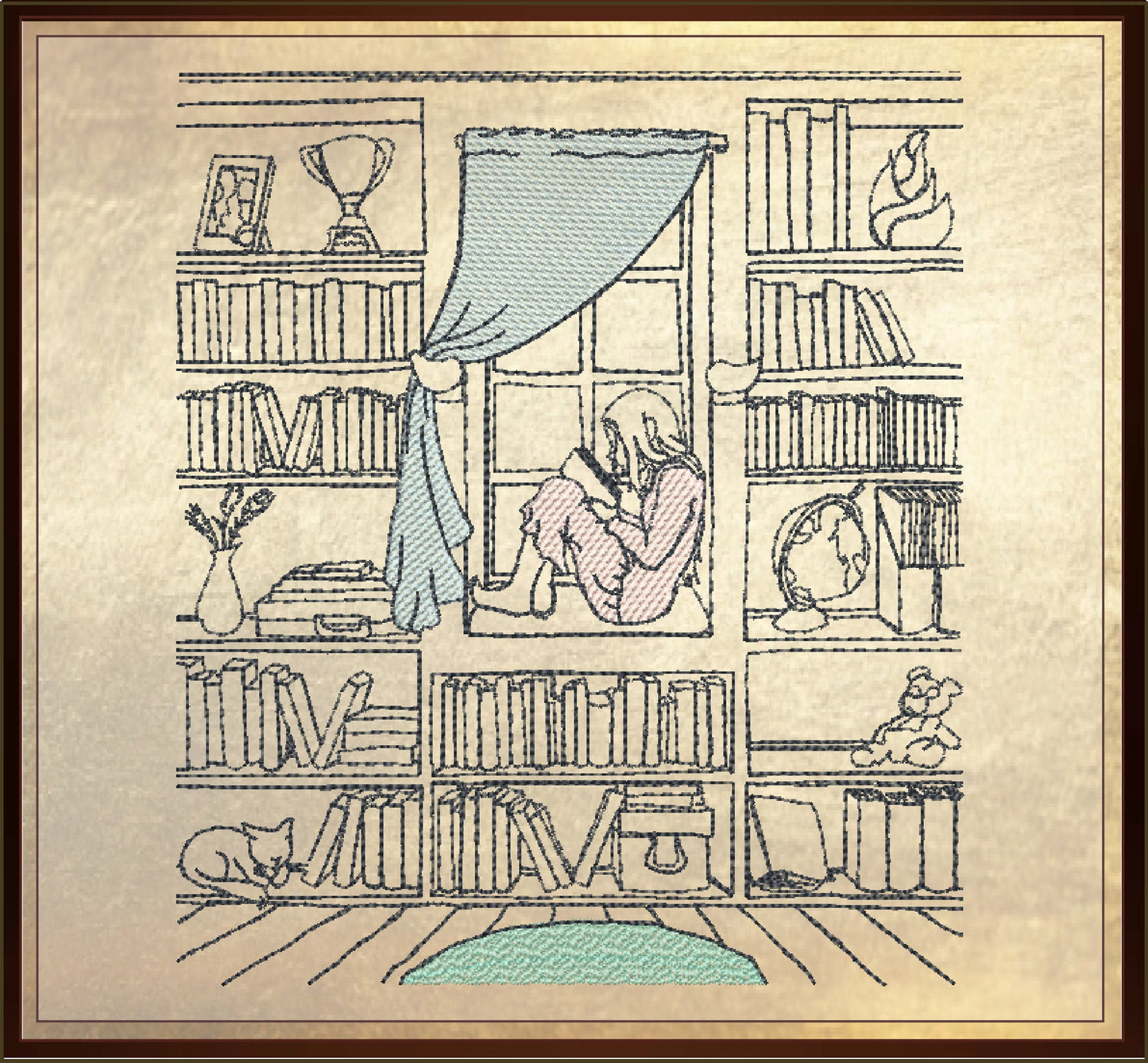 Book Nook Machine Embroidery Design | Girl in Window Reading Embroidery Drawing | Artistic Sketch Design | 8 Sizes (0923)