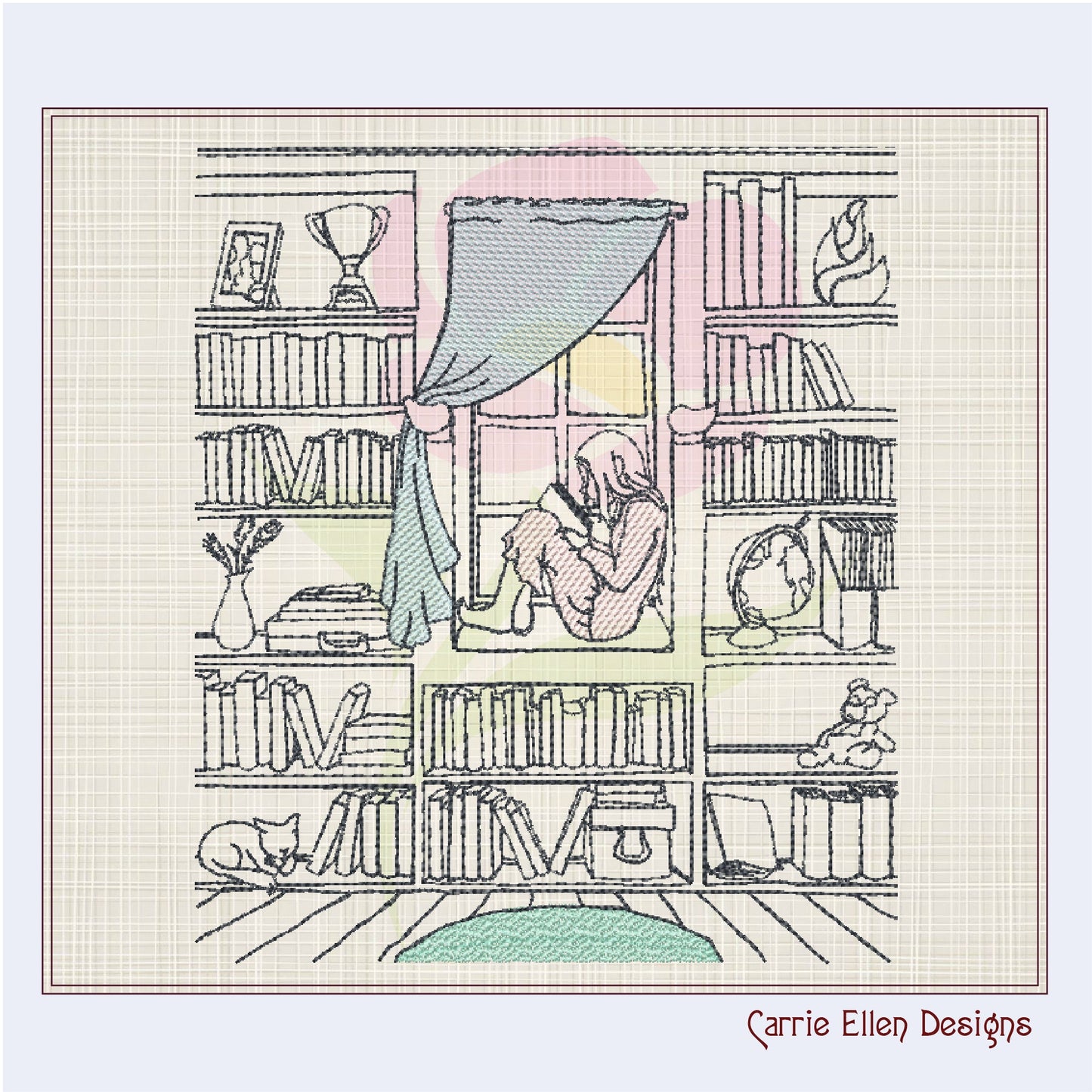 Book Nook Machine Embroidery Design | Girl in Window Reading Embroidery Drawing | Artistic Sketch Design | 8 Sizes (0923)