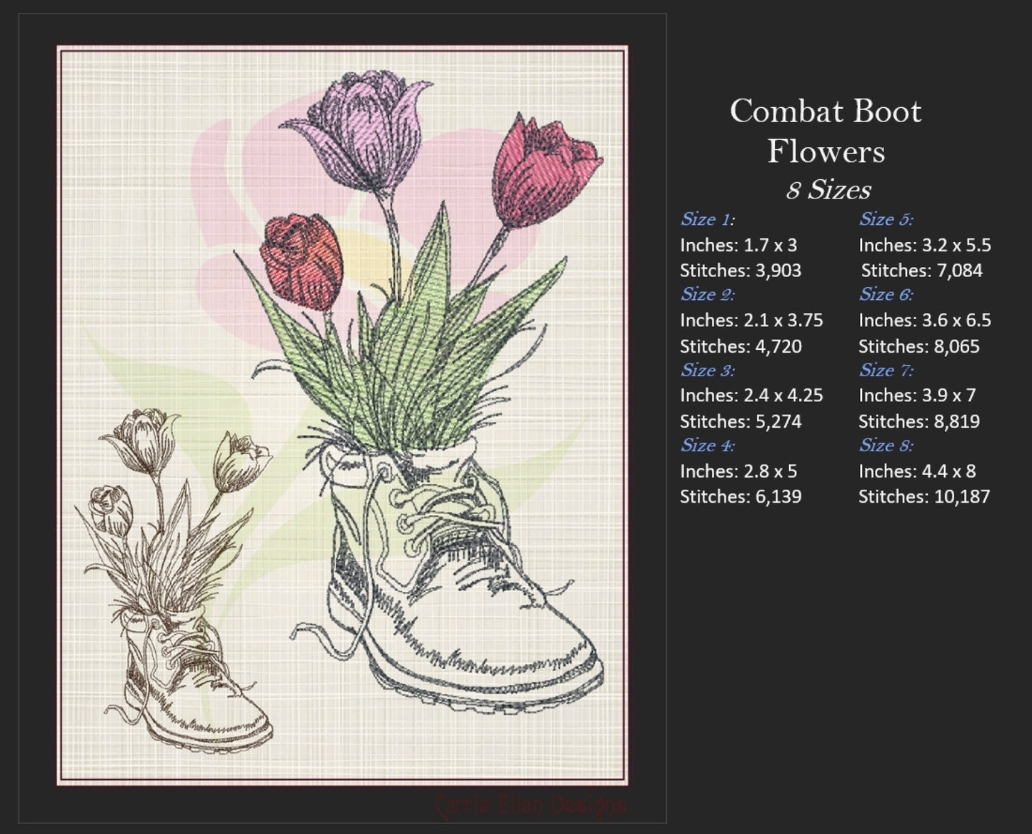 Combat Boot with Flowers Machine Embroidery Design | Floral Military Boot Sketch | Army Boot Embroidery Pattern | 8 Sizes (0926)