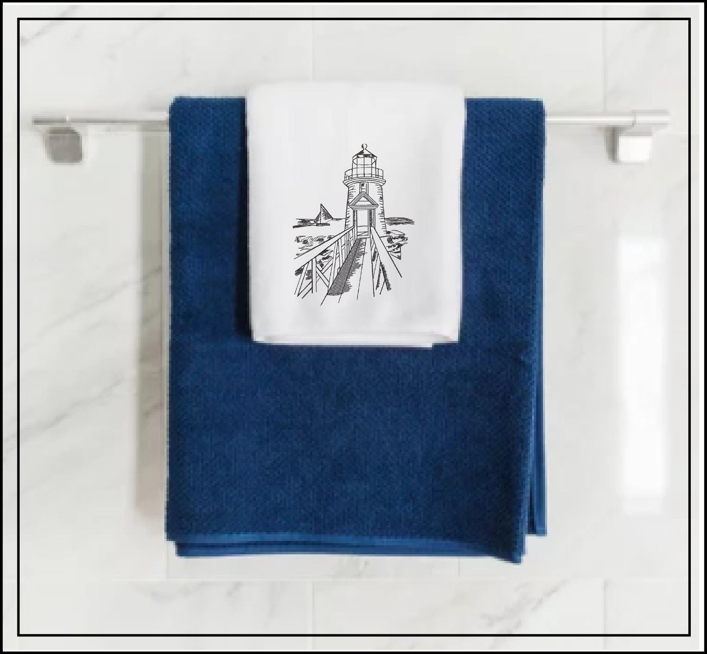 Rocky Pier Lighthouse Sketch Machine Embroidery Design – Coastal Seaside Landscape Pattern, 8 Sizes (0934)