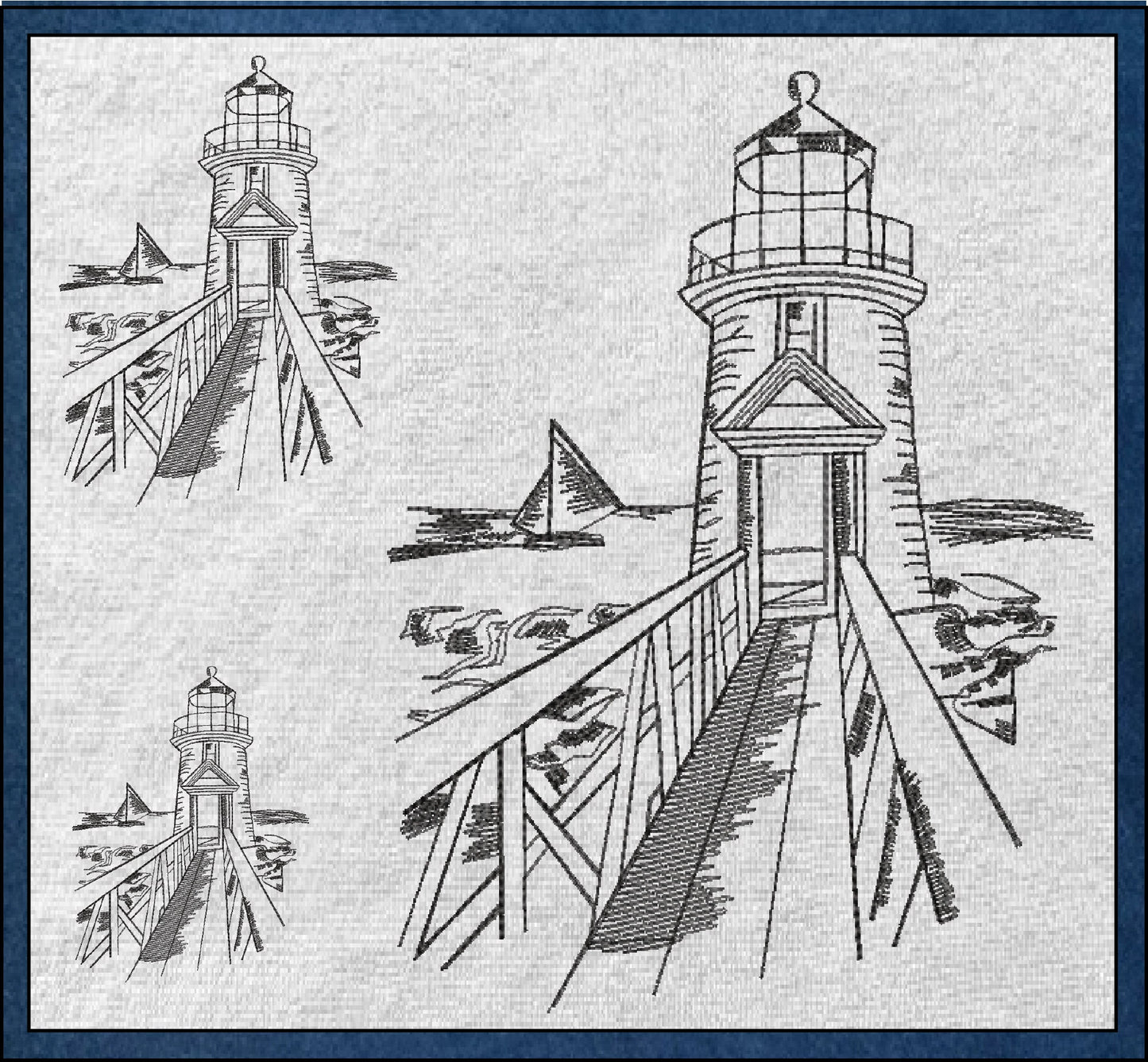 Rocky Pier Lighthouse Sketch Machine Embroidery Design – Coastal Seaside Landscape Pattern, 8 Sizes (0934)