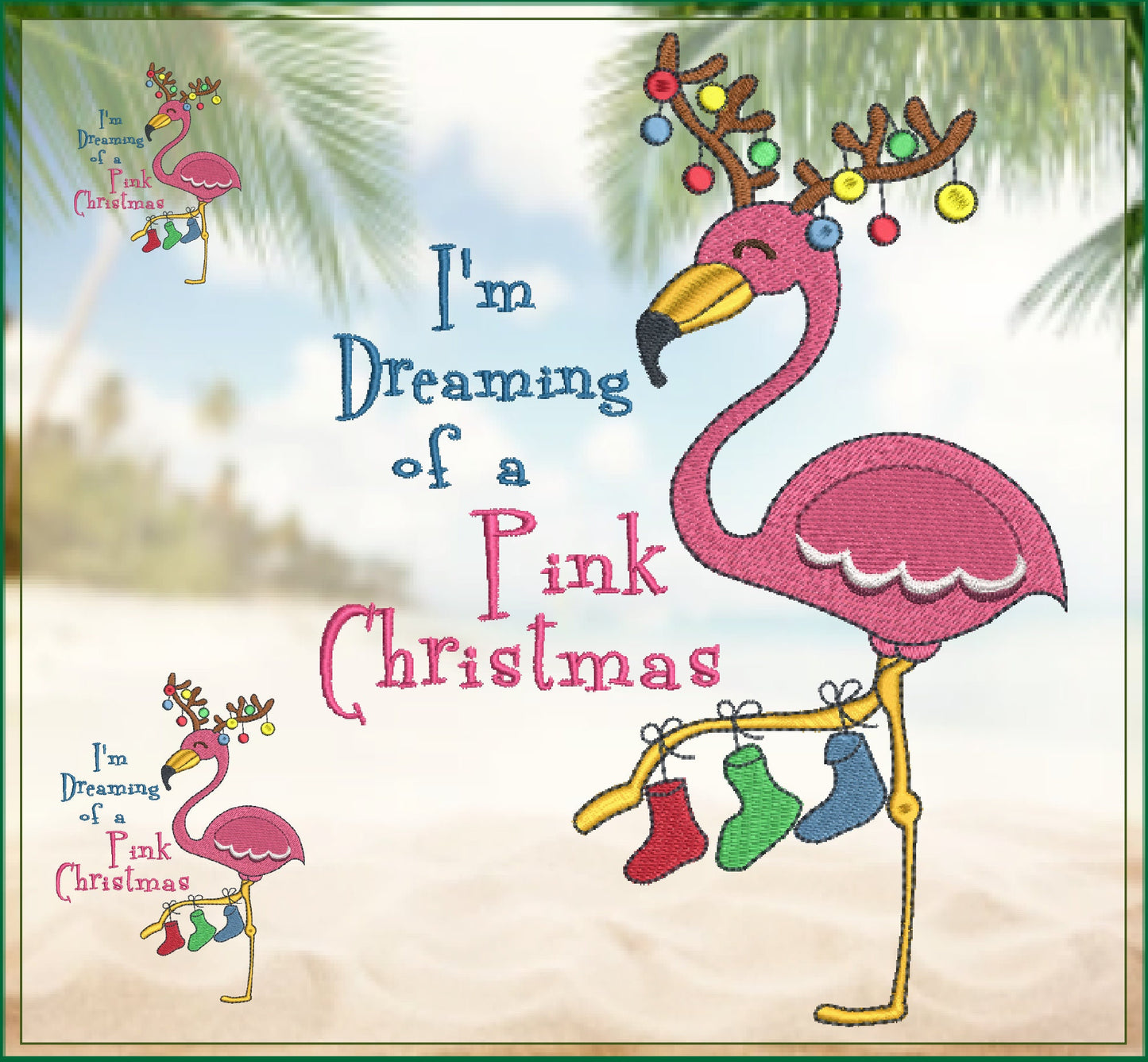 Pink Christmas Machine Embroidery Design | Flamingo Holiday Embroidery | Dreaming of a Pink Xmas | 8 Sizes (0977)