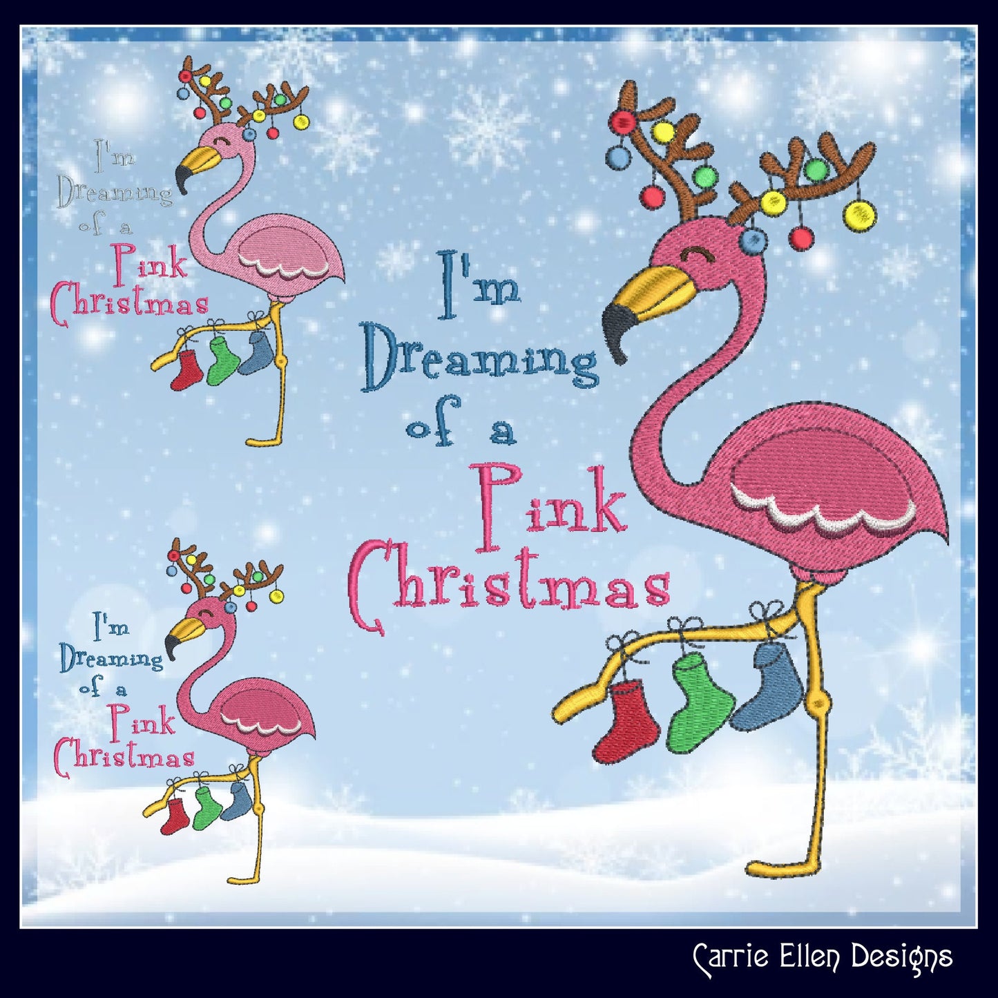 Pink Christmas Machine Embroidery Design | Flamingo Holiday Embroidery | Dreaming of a Pink Xmas | 8 Sizes (0977)