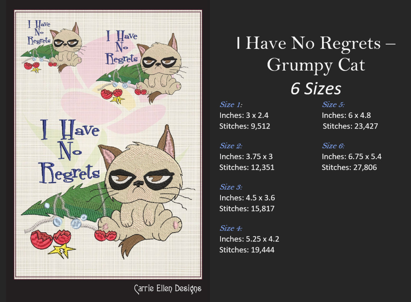 I Have No Regrets Grumpy Cat Machine Embroidery Design – Funny Christmas Tree Holiday Saying, 6 Sizes (1060)