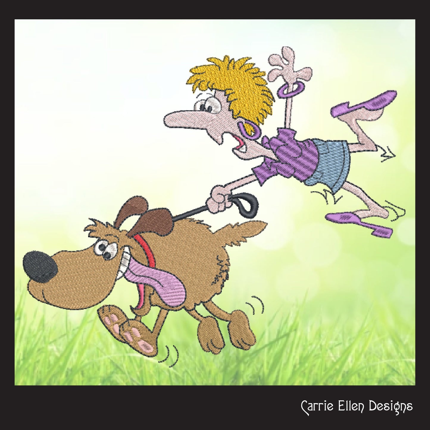 Lady Being Pulled By Her Dog Machine Embroidery Design – Funny Dog Lover Cartoon, 6 Sizes (1062)
