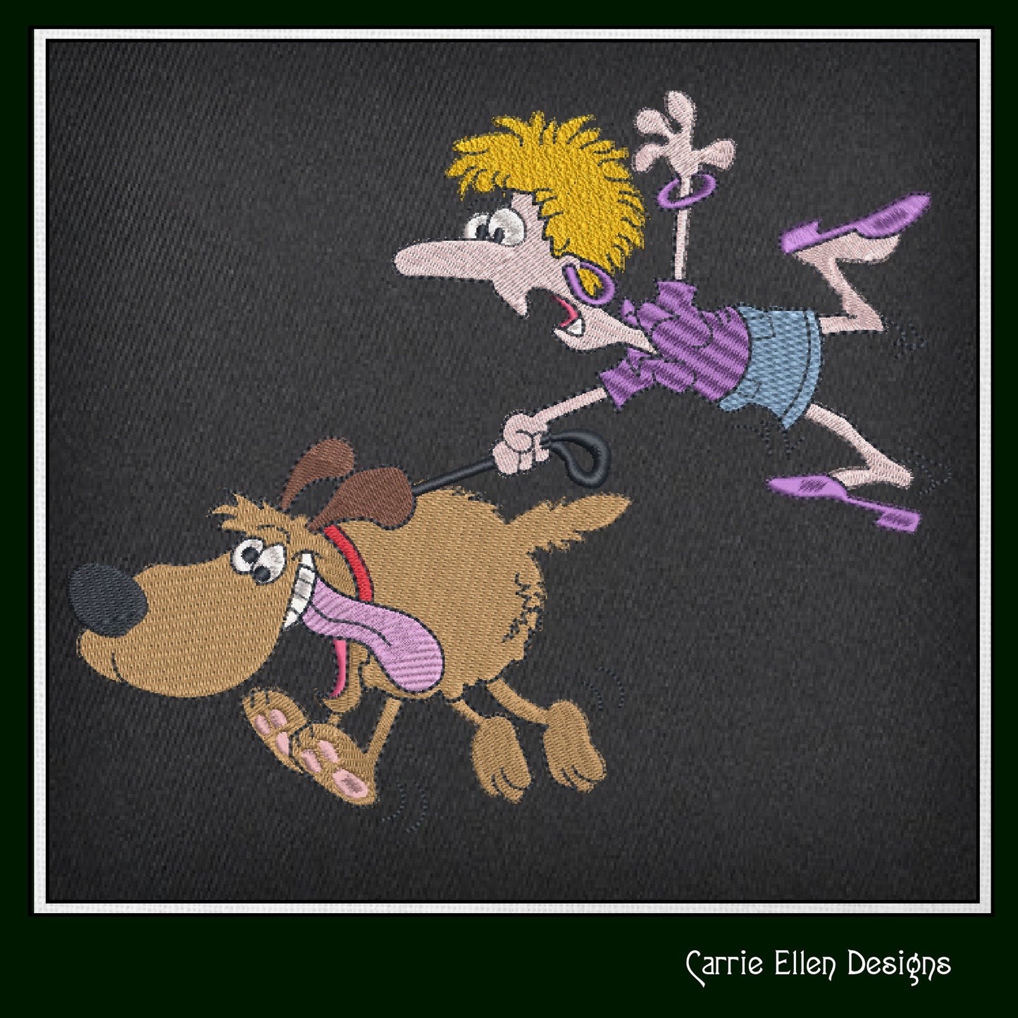 Lady Being Pulled By Her Dog Machine Embroidery Design – Funny Dog Lover Cartoon, 6 Sizes (1062)