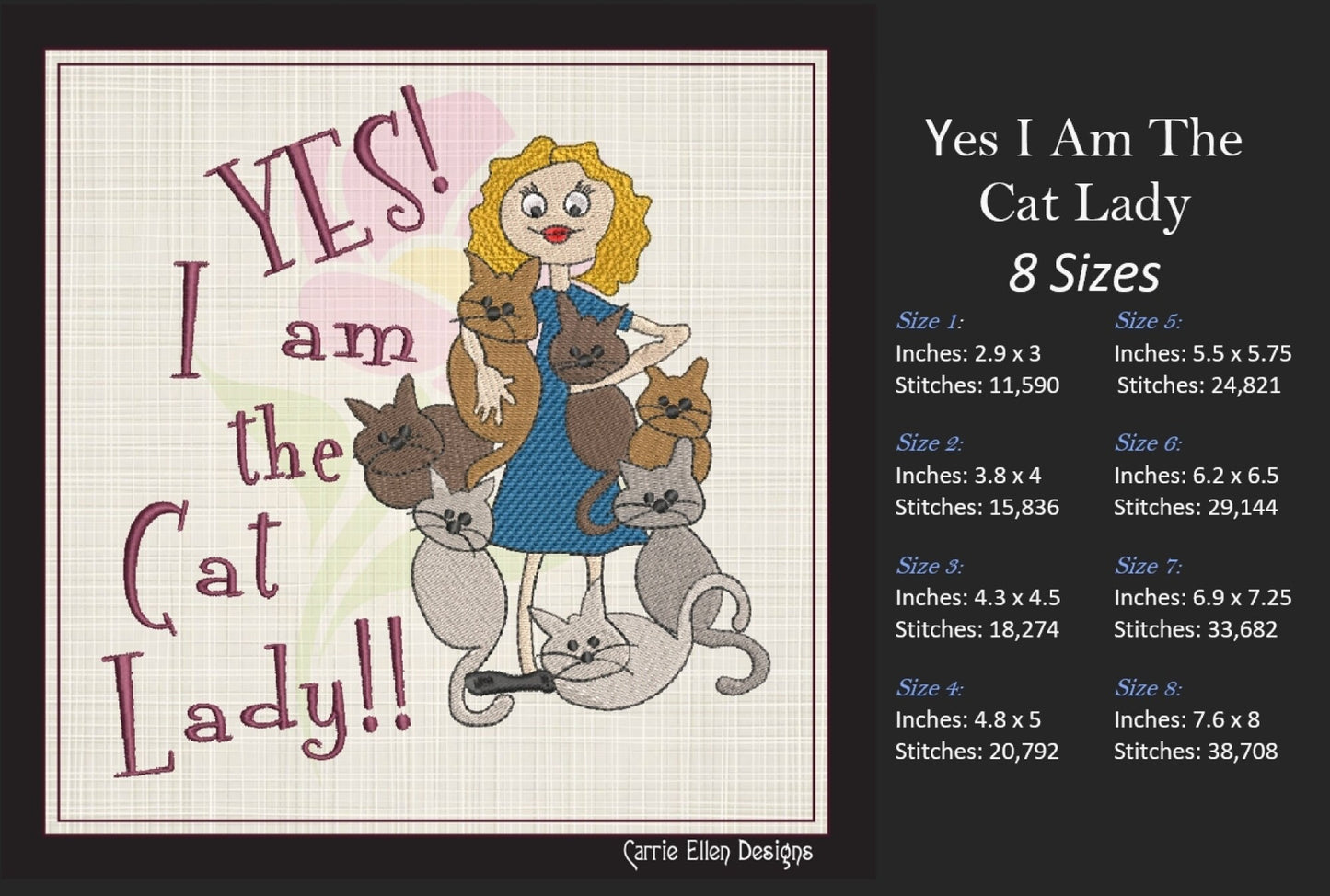 Yes I Am The Cat Lady Embroidery Design – Funny Cartoon Saying for Kitchen Aprons & Gifts, 8 Sizes (1077)