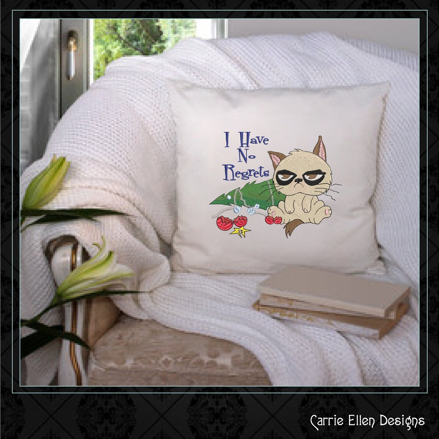 I Have No Regrets Grumpy Cat Machine Embroidery Design – Funny Christmas Tree Holiday Saying, 6 Sizes (1060)