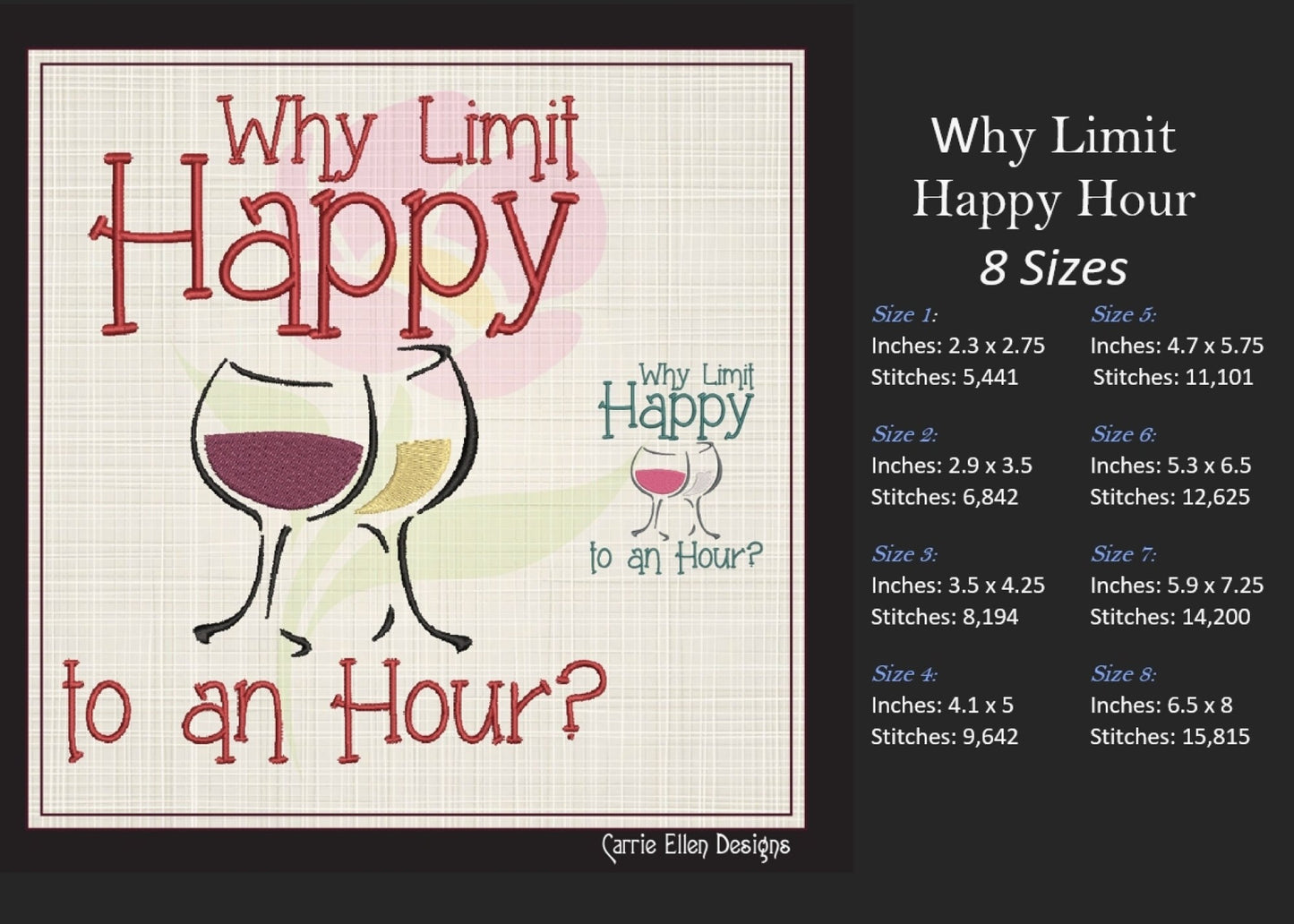 Happy Hour Embroidery Design | Why Limit Happy Machine Embroidery | Wine Glass Design | Funny Wine Saying | 8 Sizes (1120)