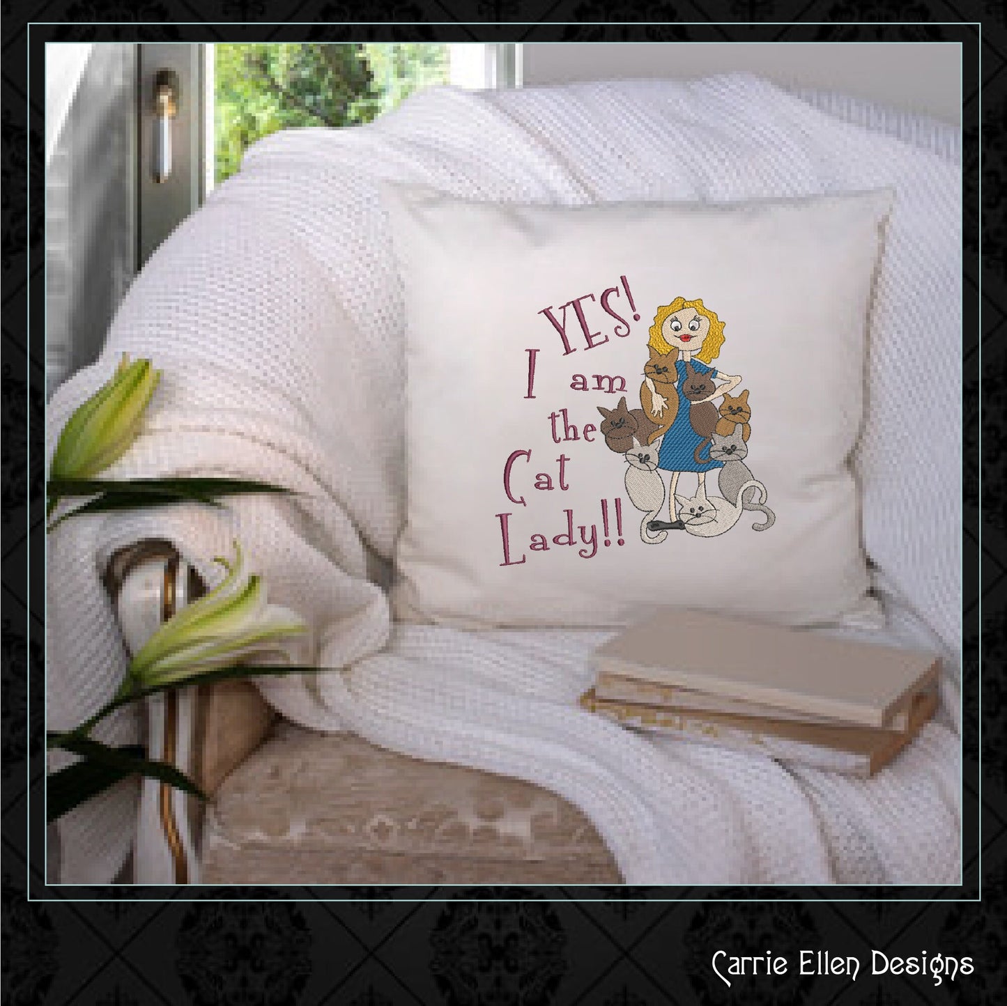 Yes I Am The Cat Lady Embroidery Design – Funny Cartoon Saying for Kitchen Aprons & Gifts, 8 Sizes (1077)
