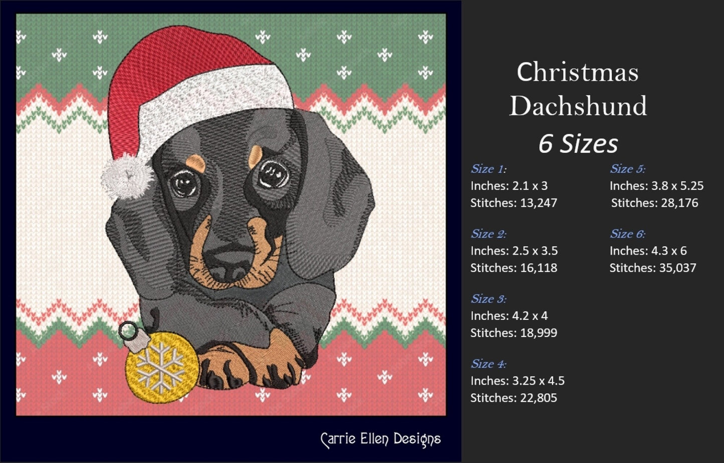 Christmas Dachshund Dog Embroidery Design – Dachshund in Santa Hat, 6 Sizes (1089)