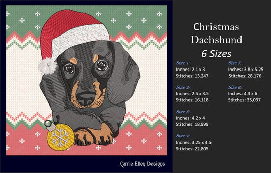 Christmas Dachshund Dog Embroidery Design – Dachshund in Santa Hat, 6 Sizes (1089)