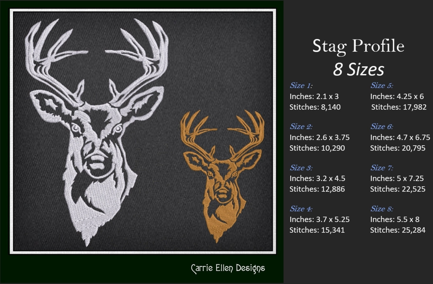 Deer Embroidery Design – Stag Head Profile | Wildlife Animal Machine Embroidery in 8 Sizes (1139)