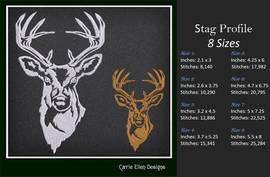 Deer Embroidery Design – Stag Head Profile | Wildlife Animal Machine Embroidery in 8 Sizes (1139)