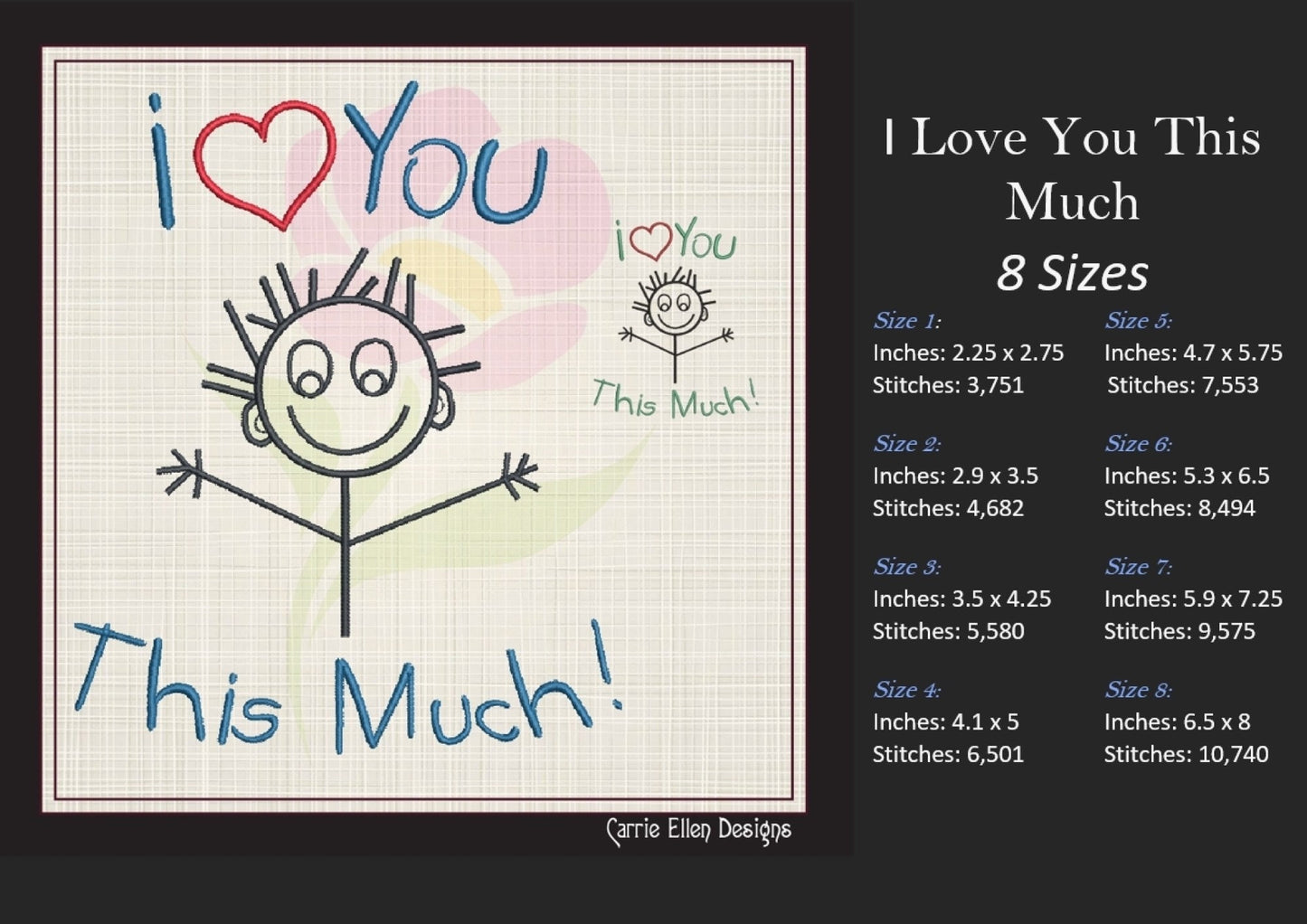 I Love You This Much – Stick Figure Machine Embroidery Design | Cute Kid Saying, 8 Sizes (1141)