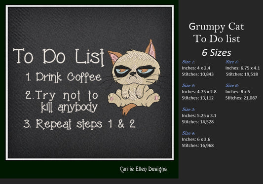 Grumpy Cat Embroidery Design | Sarcastic To Do List Machine Embroidery Design | Funny Saying | 8 Sizes (0846)