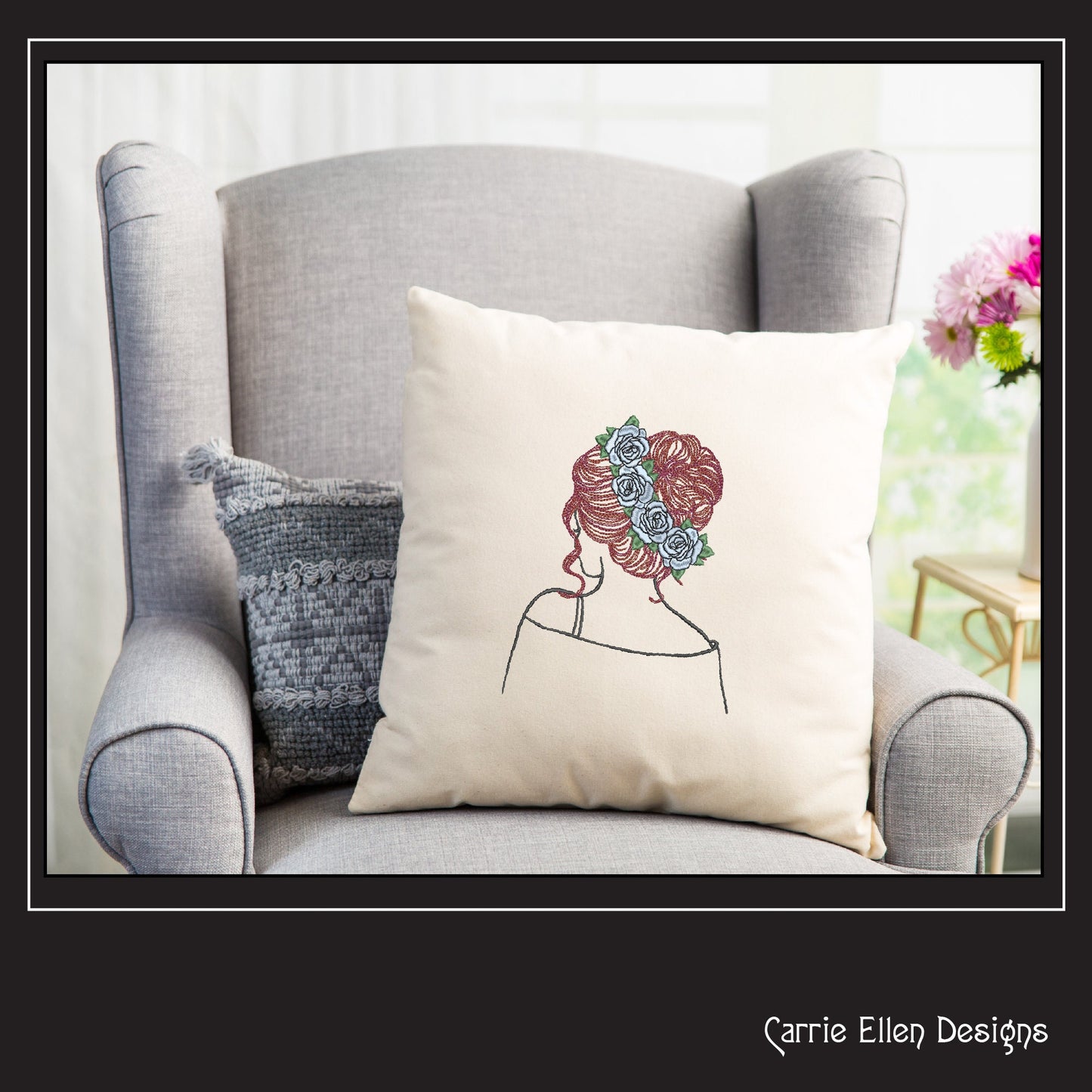 Lady with Roses Machine Embroidery Design – Elegant Woman Sketch Art, 6 Sizes (1243)