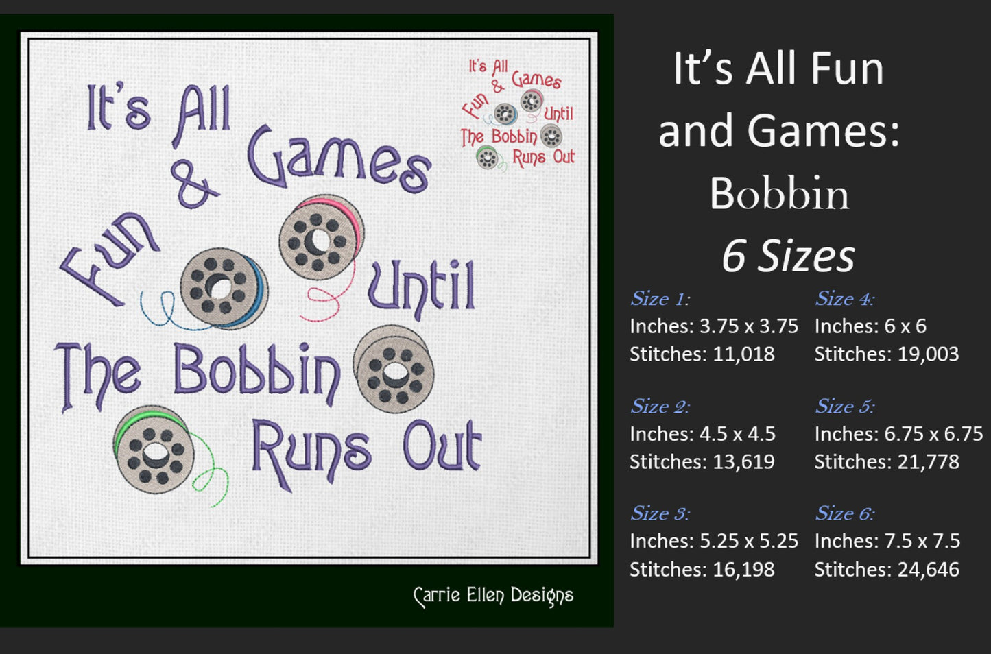 Bobbin Thread Machine Embroidery Design – "It's All Fun and Games" Humorous Sayings and Quotes, 6 Sizes (1254)