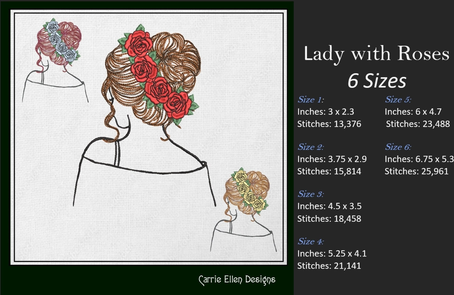 Lady with Roses Machine Embroidery Design – Elegant Woman Sketch Art, 6 Sizes (1243)