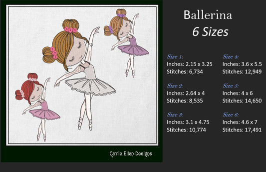 Ballerina Machine Embroidery Design, Dancer Ballet Drawing Design, Kids Design Gift, 6 Sizes (1455)