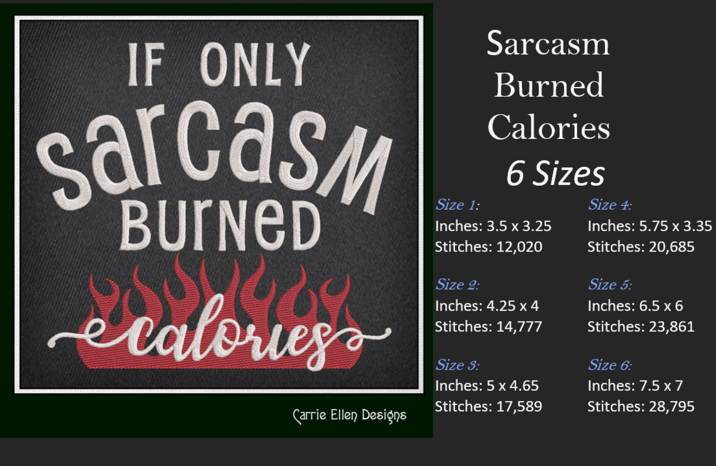 Sarcasm Burned Calories Machine Embroidery Design – Funny Quotes and Sayings – 6 Sizes (1539)