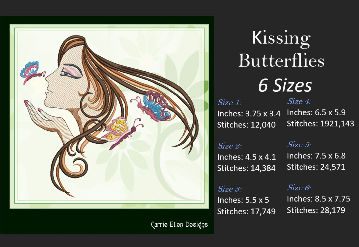 Kissing Butterflies Machine Embroidery Design – Anime Lady with Butterflies, Artistic Woman, 6 Sizes (1690)